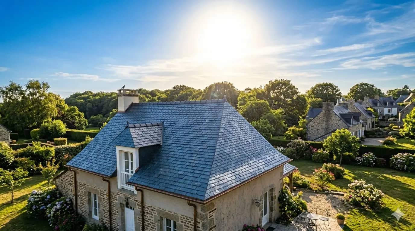 Maison avec toiture en ardoise sous le soleil